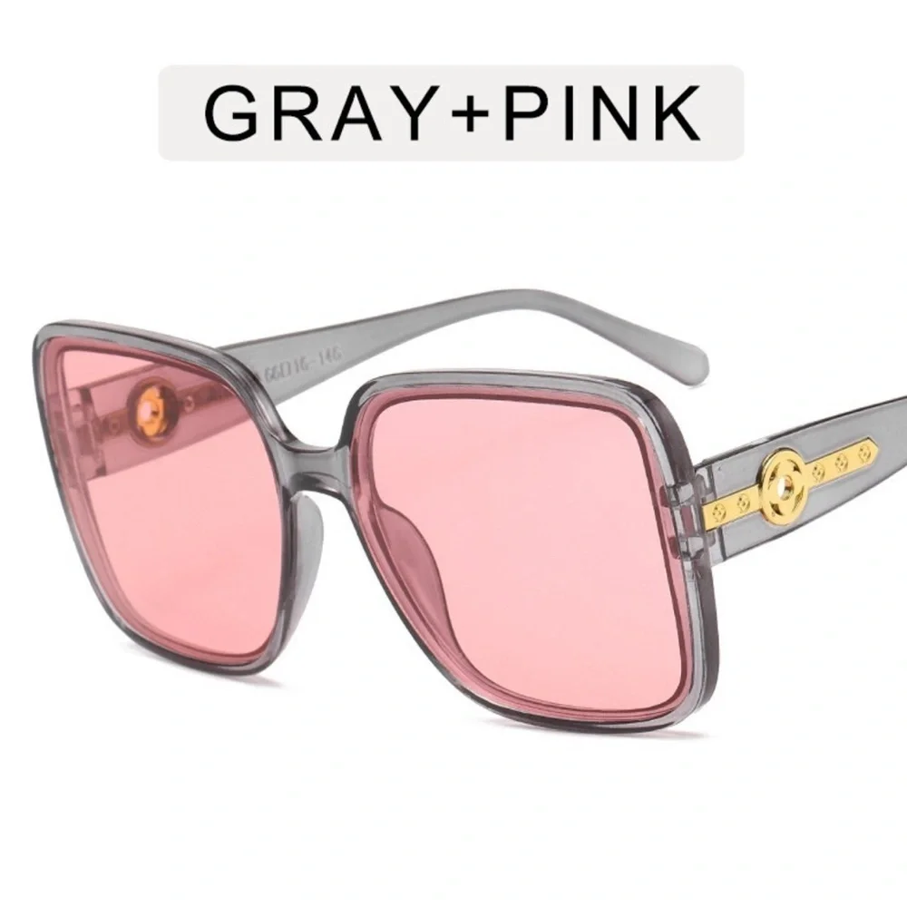 Oversized Square Sunglasses Gray Frame Pink Lens Gold DetailTrendy Fashion UV400
